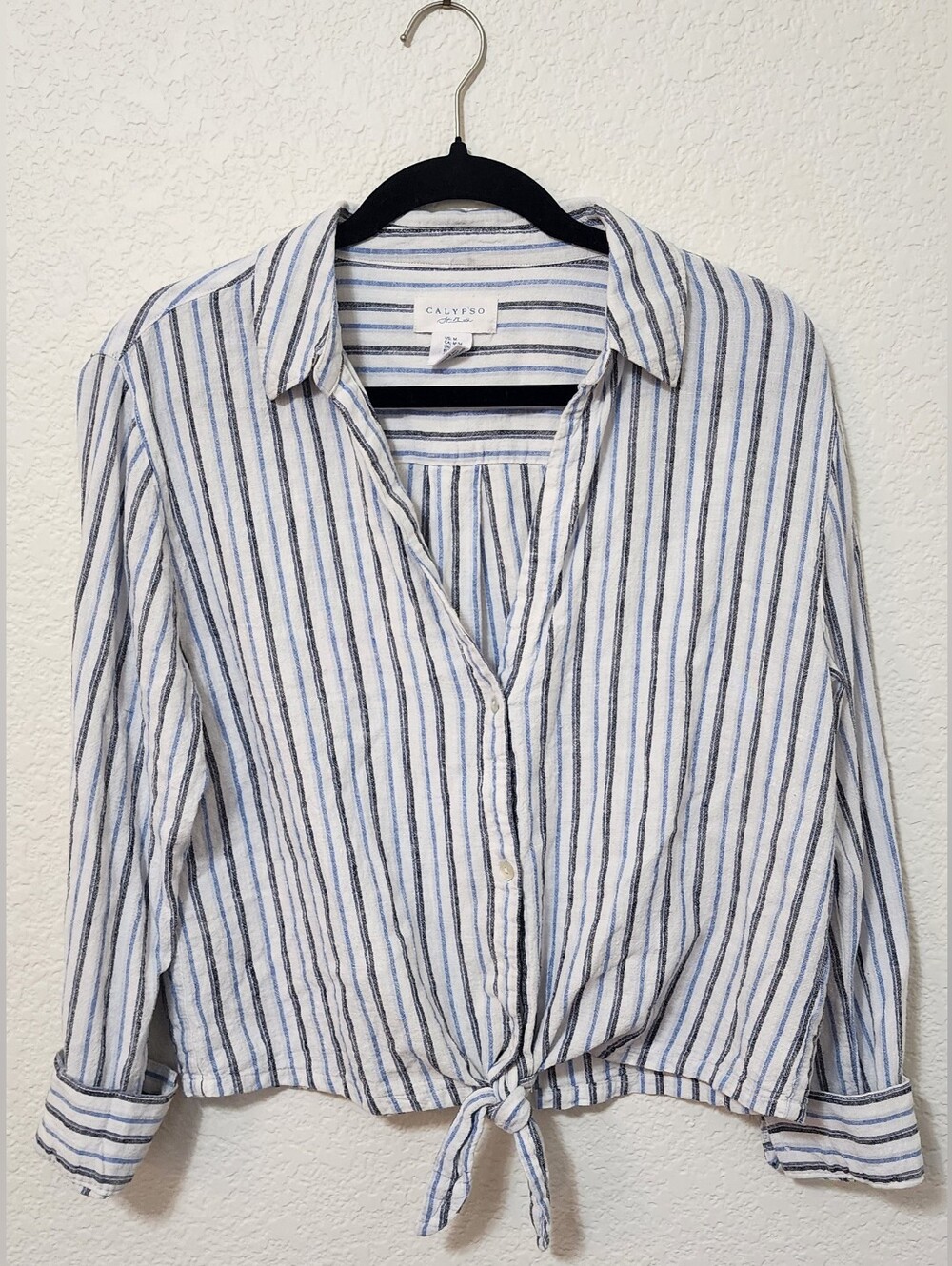 CALYPSO ST BARTH Medium Striped Linen Blend Tie Front Button Down Shirt Blue